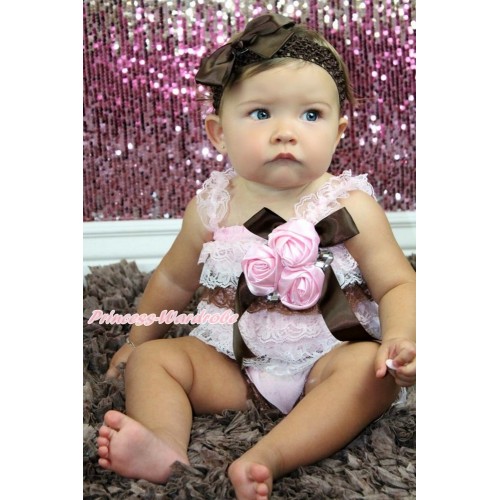 Light Pink Brown White Lace Ruffles Rompers With Straps With Big Bow & Bunch Of Light Pink Satin Rosettes& Crystal & Brown Headband Brown Silk Bow RH137 